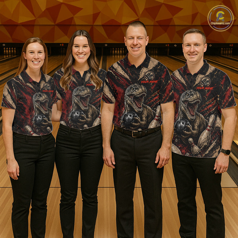 Bowling team wearing Funny Dinosaur Retro Bowling Polo & Quarter-Zip shirts with custom team names at bowling tournament, matching bowling league uniforms, personalized bowling apparel