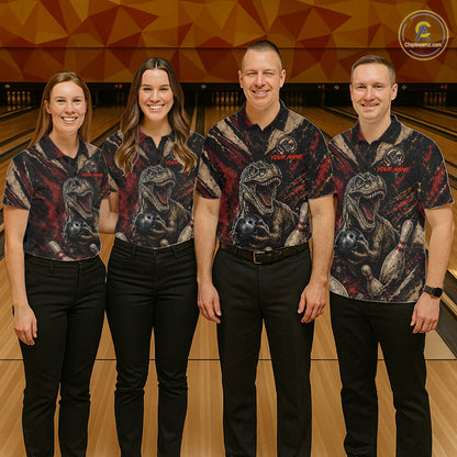 Bowling team wearing Funny Dinosaur Retro Bowling Polo & Quarter-Zip shirts with custom team names at bowling tournament, matching bowling league uniforms, personalized bowling apparel