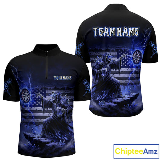 Custom Lightning Blue Grim Reaper Beer Funny Men Darts Quarter-Zip Shirt US Flag Dart Jerseys NYN1838