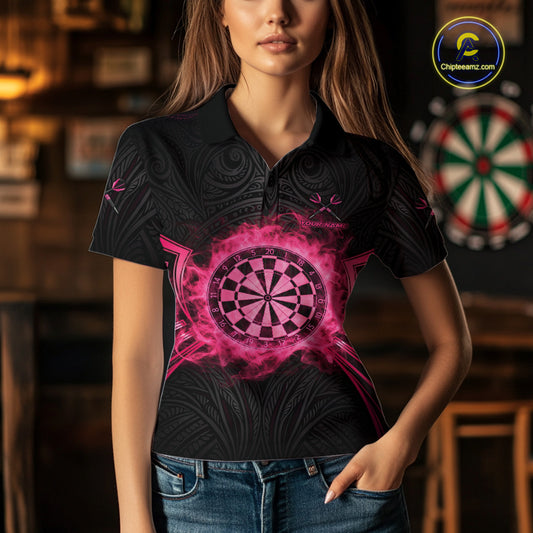 Black And Pink Smokes Dartboard Women Darts Polo Shirts Custom Tribal Dart Team Jerseys NYN2349