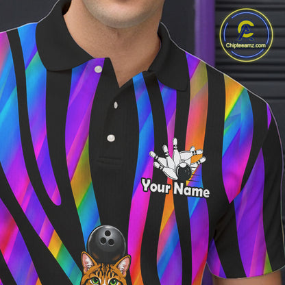Rainbow Holographic Bowling Polo 1/4-Zip Shirts For Men Custom Funny Cat Bowling Pins Team Shirt NYN3930