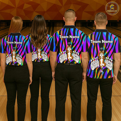 Rainbow Holographic Bowling Polo 1/4-Zip Shirts For Women Custom Funny Cat Bowling Pins Team Shirt NYN3930