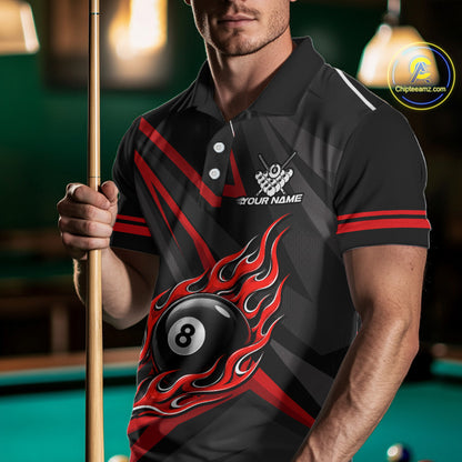 Fire Flame 8 Ball Billiard Team Shirt For Men Custom Black And Red Pool Billiard Team Jersey NYN3941