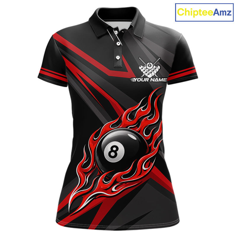 Fire Flame 8 Ball Billiard Team Shirt For Women Custom Black And Red Pool Billiard Team Jersey NYN3941