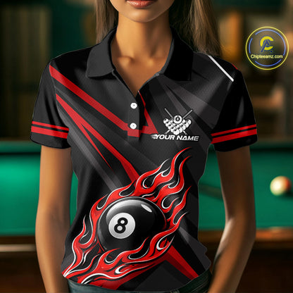 Fire Flame 8 Ball Billiard Team Shirt For Women Custom Black And Red Pool Billiard Team Jersey NYN3941