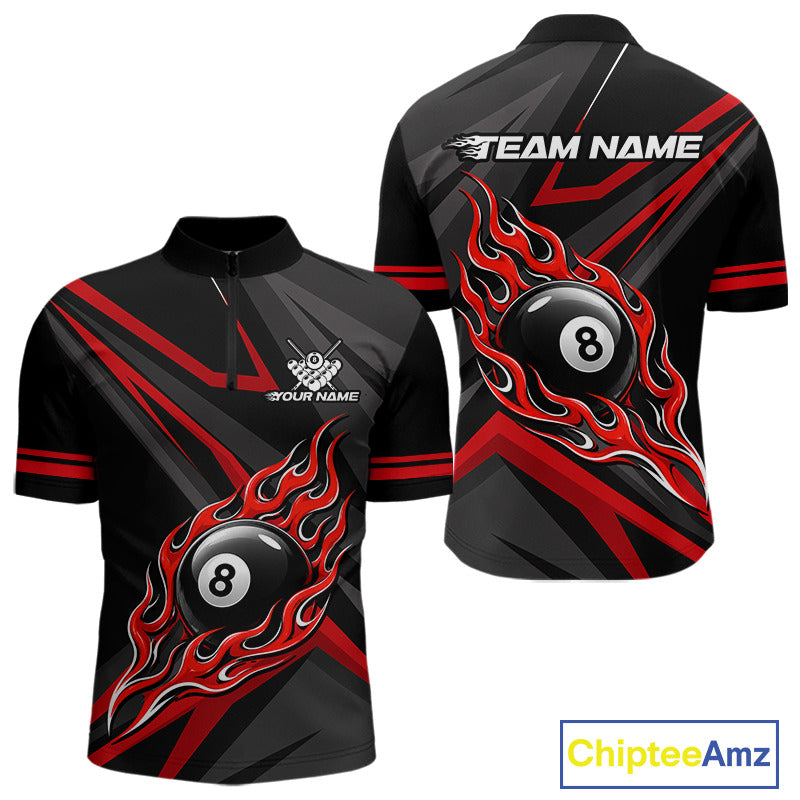 Fire Flame 8 Ball Billiard Team Shirt For Men Custom Black And Red Pool Billiard Team Jersey NYN3941