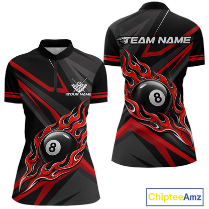 Fire Flame 8 Ball Billiard Team Shirt For Women Custom Black And Red Pool Billiard Team Jersey NYN3941
