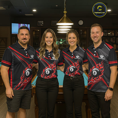 Fire Flame 8 Ball Billiard Team Shirt For Men Custom Black And Red Pool Billiard Team Jersey NYN3941