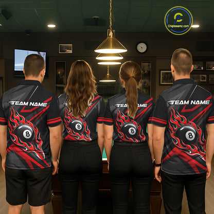 Fire Flame 8 Ball Billiard Team Shirt For Men Custom Black And Red Pool Billiard Team Jersey NYN3941