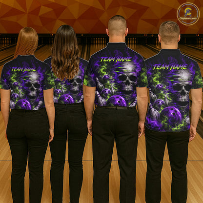 Custom Green & Purple Smoke Skull Bowling Shirts For Women Retro Skull Bowling Tournament Shirt NYN3945
