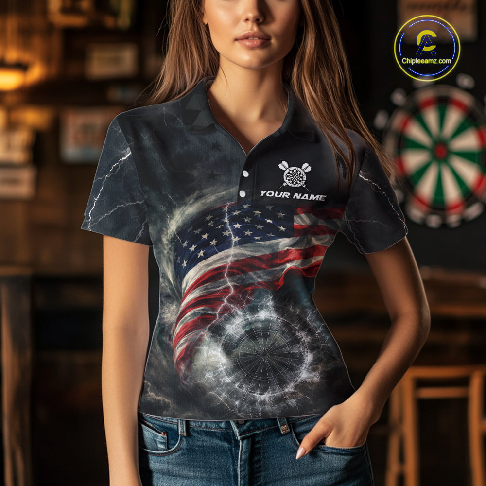 Custom American Flag Tornado White Thunder Darts Women Polo & 1/4-Zip Shirts Dart Team Jerseys NYN2807