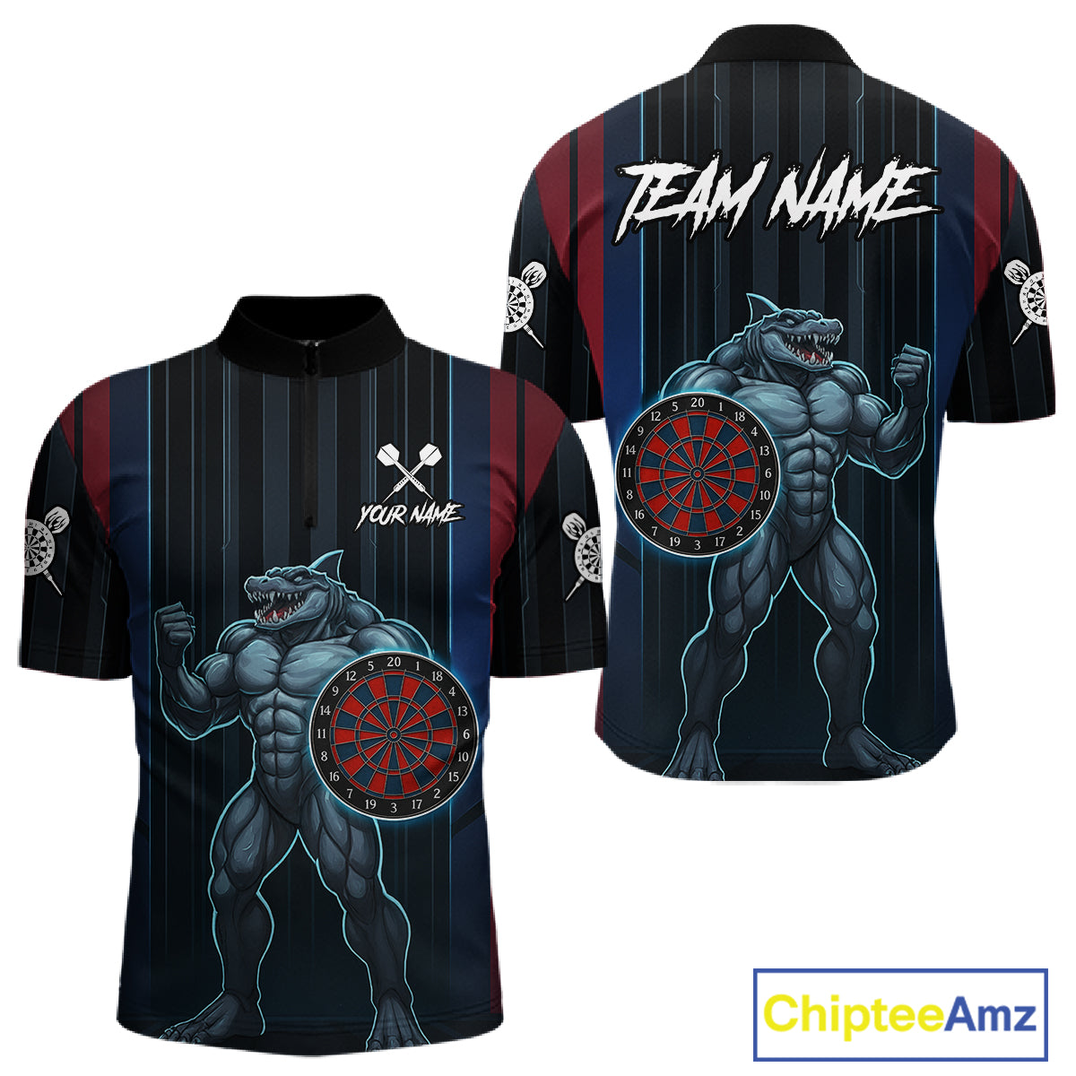Funny Blue & Red Shark Dartboard Custom Men Darts Quarter-Zip Shirt Dart Tournament Jerseys NYN1905