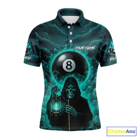 Teal Thunder Grim Reaper 8 Ball Pool Men Polo & 1/4-Zip Shirt Custom Billiard Ball & Cue Gifts NYN2436
