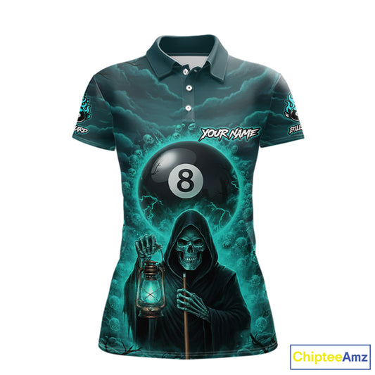 Teal Thunder Grim Reaper 8 Ball Pool Women Polo & 1/4-Zip Shirt Custom Billiard Ball & Cue Gifts NYN2436