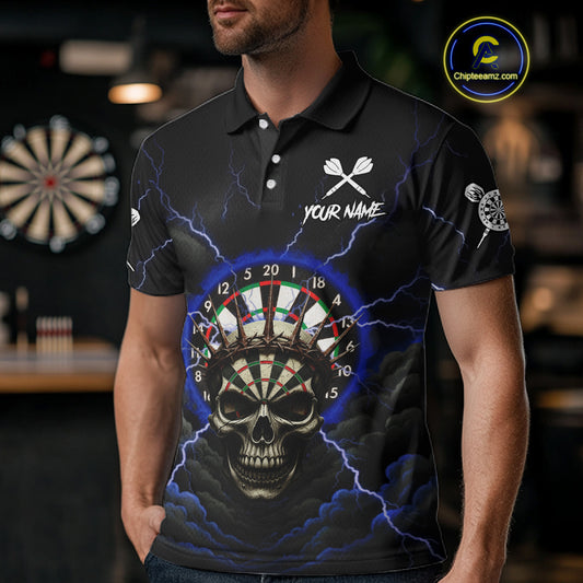 Custom Lightning Blue Smokes Skull Dartboard Men Darts Polo Shirt Skull Dart Jerseys NYN1917