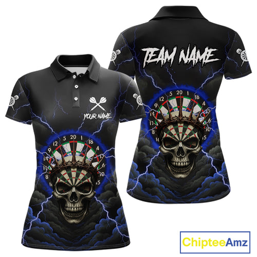 Custom Lightning Blue Smokes Skull Dartboard Women Darts Polo Shirt Skull Dart Jerseys NYN1917