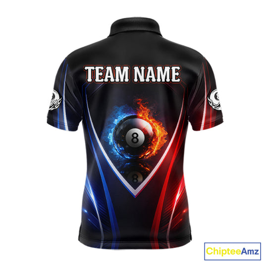 Blue And Red Flames 8 Ball Pool Men Polo & 1/4-Zip Team Shirts Custom Billiards Ball Apparel NYN2457
