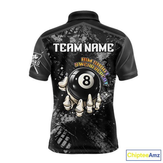 Aim Shoot Swear Repeat Holding 8 Ball Pool Men Billiard Team Shirt Custom Ball Billiards Apparel NYN2467