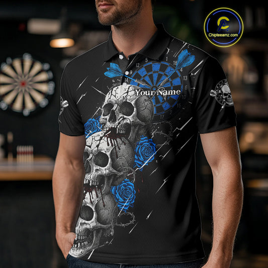 Custom Blue Roses Blood Dripping Skull Dartboard Men Darts Polo Shirt Dart Jerseys NYN1926