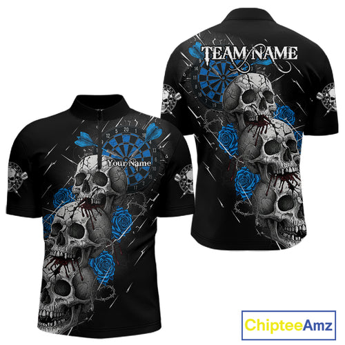 Custom Blue Roses Blood Dripping Skull Dartboard Men Darts Quarter-Zip Shirt Dart Jerseys NYN1926