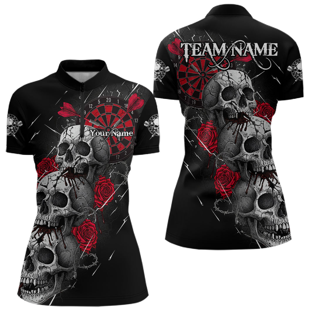 Custom Red Roses Blood Dripping Skull Dartboard Women Darts Quarter-Zip Shirt  Dart Jerseys NYN1927