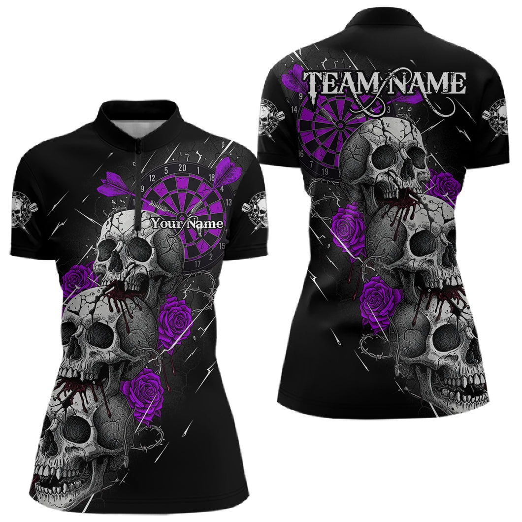 Custom Purple Roses Blood Dripping Skull Dartboard Women Darts Quarter-Zip Shirt  Dart Jerseys NYN1928