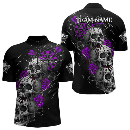 Custom Purple Roses Blood Dripping Skull Dartboard Men Darts Quarter-Zip Shirt  Dart Jerseys NYN1928