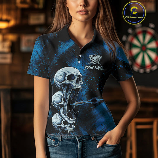 Custom Blue Grunge Creepy Skull Flame Dart Arrow Women Darts Polo Shirt Dart Jerseys NYN1938