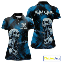 Load image into Gallery viewer, Custom Blue Grunge Creepy Skull Flame Dart Arrow Women Darts Polo Shirt Dart Jerseys NYN1938