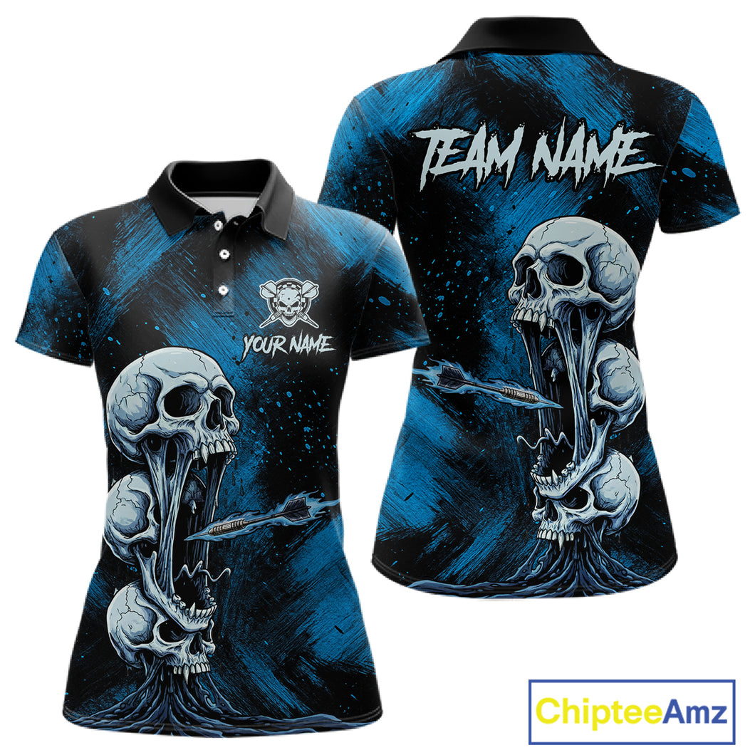 Custom Blue Grunge Creepy Skull Flame Dart Arrow Women Darts Polo Shirt Dart Jerseys NYN1938