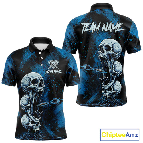 Custom Blue Grunge Creepy Skull Flame Dart Arrow Men Darts Polo Shirt Dart Jerseys NYN1938