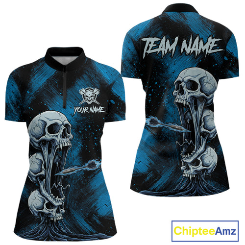 Custom Blue Grunge Creepy Skull Flame Dart Arrow Women Darts Quarter-Zip Shirt Dart Jerseys NYN1938