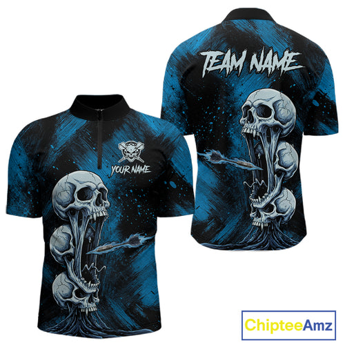 Custom Blue Grunge Creepy Skull Flame Dart Arrow Men Darts Quarter-Zip Shirt Dart Jerseys NYN1938