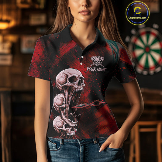 Custom Red Grunge Creepy Skull Flame Dart Arrow Women Darts Polo Shirt Dart Jerseys NYN1939