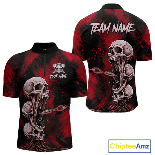 Custom Red Grunge Creepy Skull Flame Dart Arrow Men Darts Quarter-Zip Shirt Dart Jerseys NYN1939