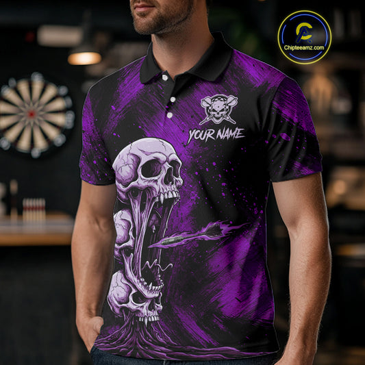 Custom Purple Grunge Creepy Skull Flame Dart Arrow Men Darts Polo Shirt Dart Jerseys NYN1940