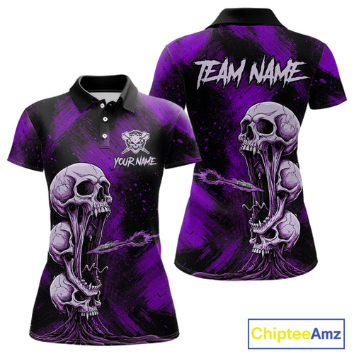 Custom Purple Grunge Creepy Skull Flame Dart Arrow Women Darts Polo Shirt Dart Jerseys NYN1940