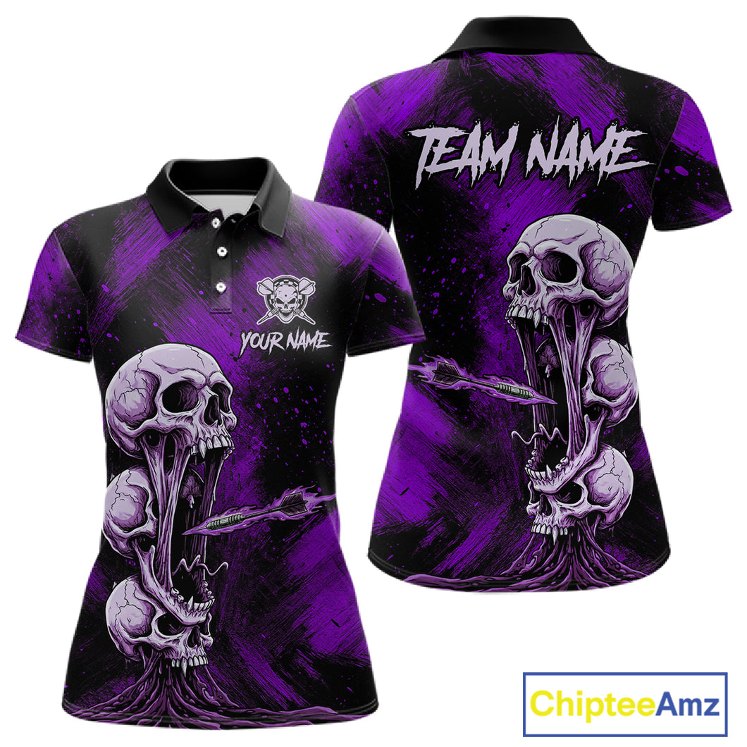 Custom Purple Grunge Creepy Skull Flame Dart Arrow Women Darts Polo Shirt Dart Jerseys NYN1940