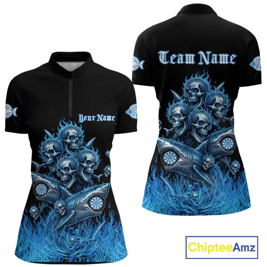 Custom Blue Flames Shark And Skull 3D Women Darts Quarter-Zip League Shirts Funny Dart Jerseys NYN2203