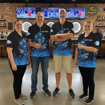Custom Blue Flames Shark And Skull 3D Women Darts Polo League Shirts Funny Dart Jerseys NYN2203