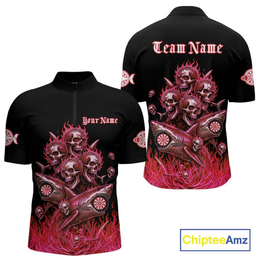 Custom Red Flames Shark And Skull 3D Men Darts Quarter-Zip League Shirts Funny Dart Jerseys NYN2204