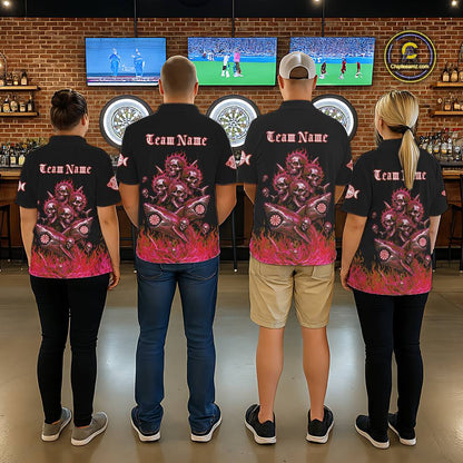 Custom Red Flames Shark And Skull 3D Women Darts Quarter-Zip League Shirts Funny Dart Jerseys NYN2204
