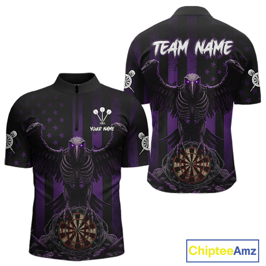 Purple Gothic Eagle Skull Dartboard Custom Men Darts Quarter-Zip Shirt Grunge US Flag Dart Jerseys NYN1945