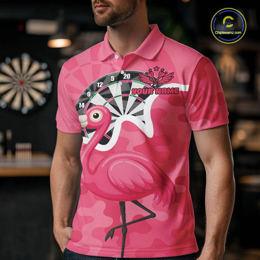 Custom Pink Flamingo Camouflage Dartboard Men Darts Polo League Shirts Funny Dart Jerseys NYN2206