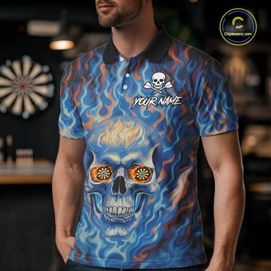 Custom Blue Fire Flaming Skull Dartboard Men Darts Polo League Shirts Outfits Dart Jerseys NYN2207