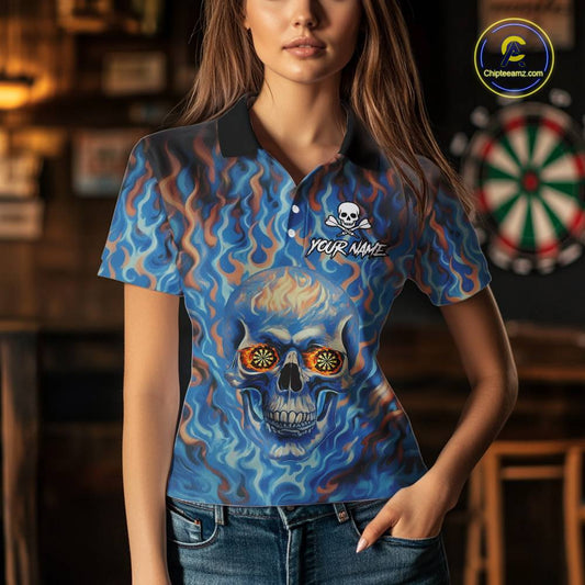 Custom Blue Fire Flaming Skull Dartboard Women Darts Polo League Shirts Outfits Dart Jerseys NYN2207