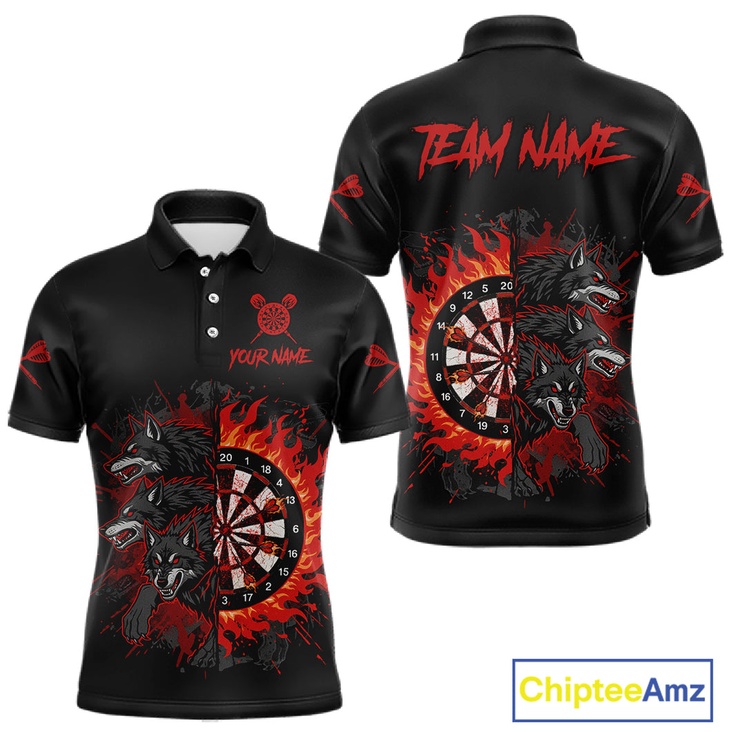 Red Wolfs Flames Dartboard Custom Funny Darts Polo Shirt For Men Grunge Dart Jerseys NYN1953