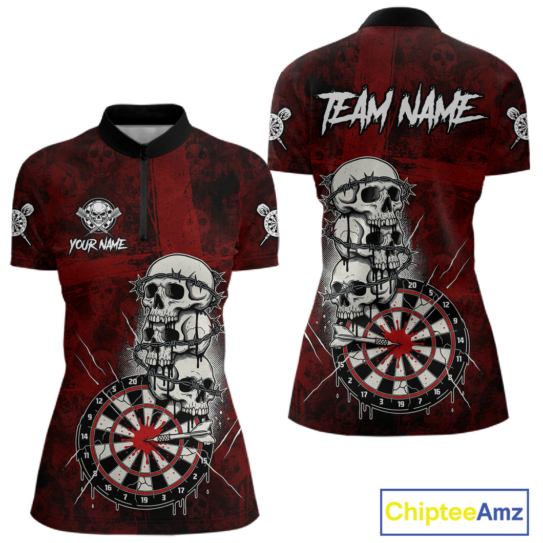 Custom Red Grunge Barbed Wire Grey Skull Dartboard Men Darts Polo Shirt Dart Jerseys NYN1977