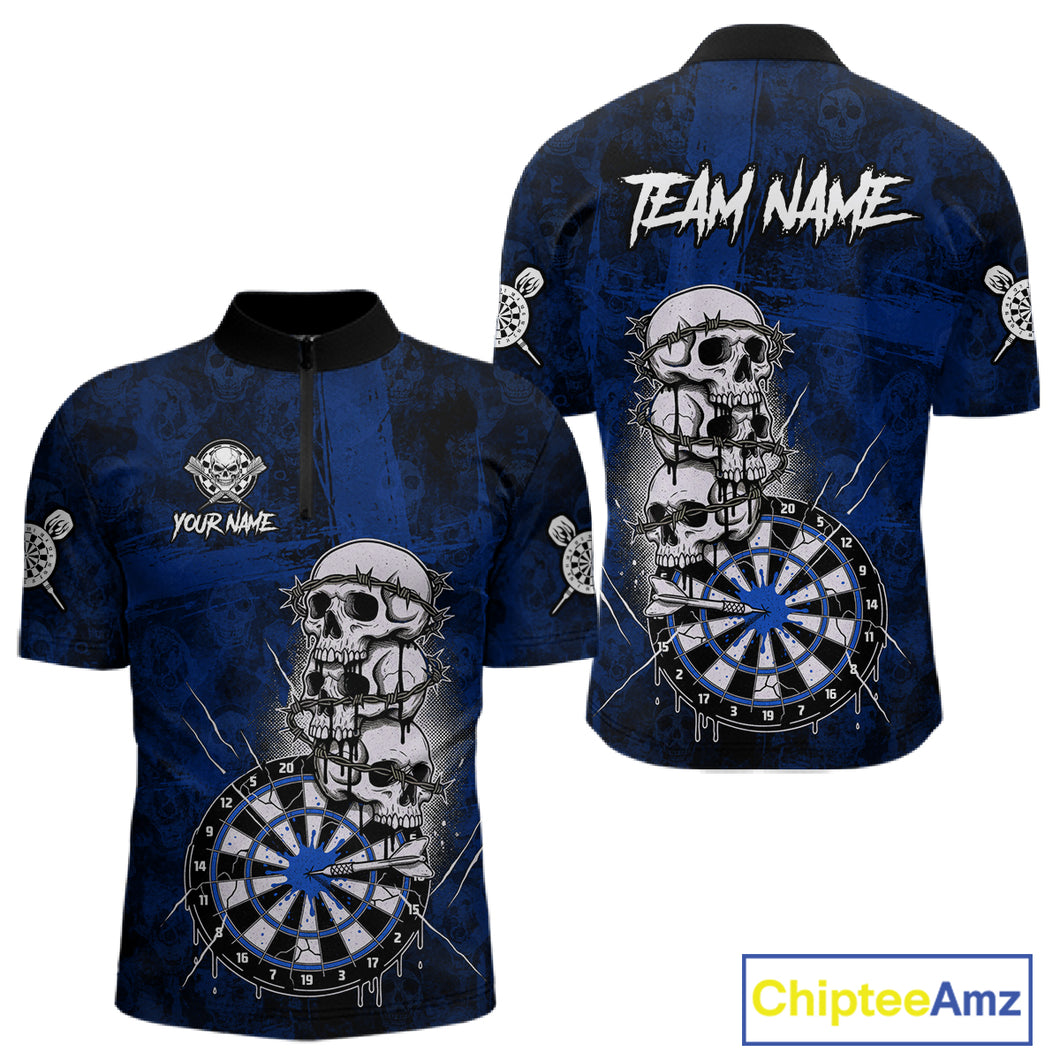 Custom Blue Grunge Barbed Wire Grey Skull Dartboard Men Darts Polo Shirt Dart Jerseys NYN1978