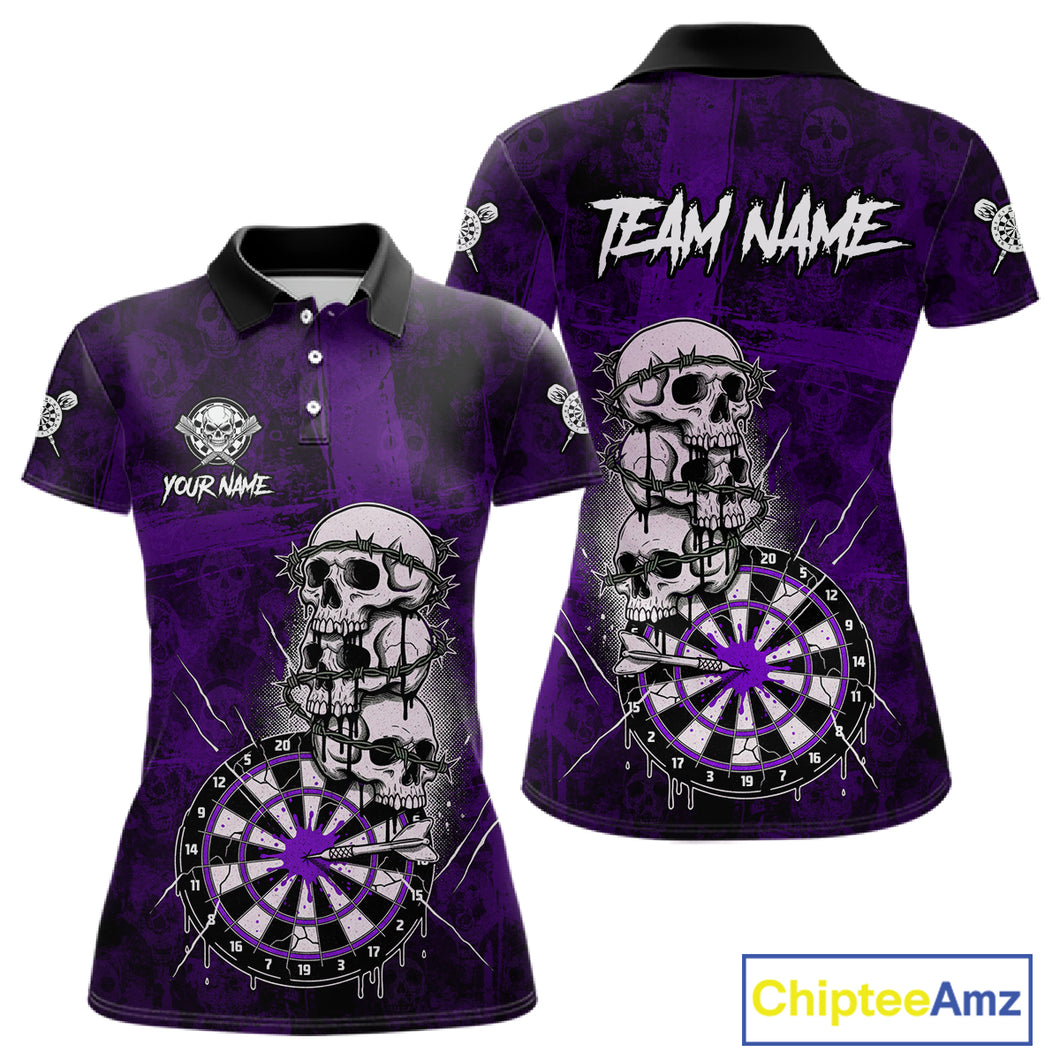 Custom Purple Grunge Barbed Wire Grey Skull Dartboard Men Darts Polo Shirt Dart Jerseys NYN1979